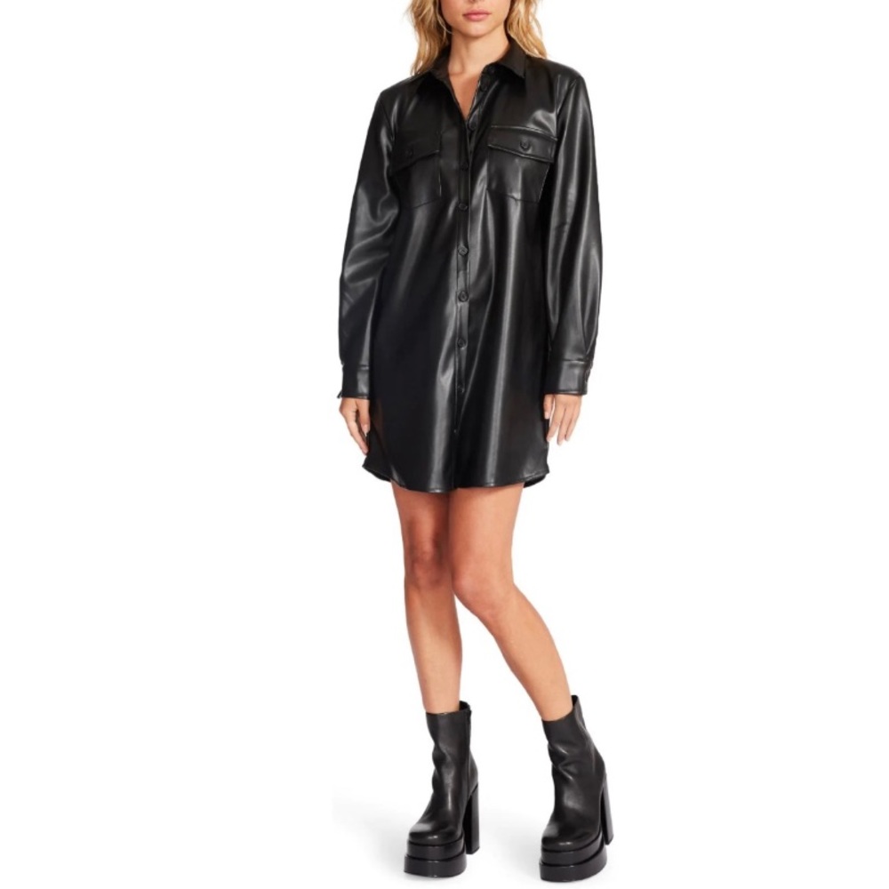 Steve Madden Black Long Sleeve Vegan Leather Shirt Dress